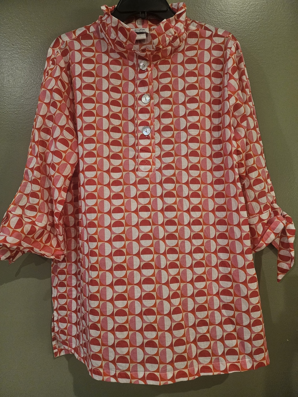 Toofan Rafaella Coral Geometric Ruffle-Trim Tunic Blouse